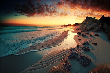 Wall Mural - Beautiful beach with soft sand, turquoise ocean, green palm trees and blue sky with clouds on Sunny day. Summer tropical landscape. Generative AI