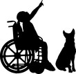 Silhouette Vector of a happy child with a disabled girl sitting in a wheelchair with her dog showing a finger at sky