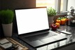 Close-up front view Modern laptop mockup  , with kitchen supplies and vegetables in modern a kitchen background,AI generated