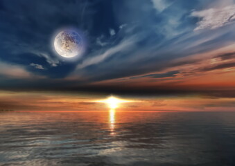 Wall Mural - night sea at sunset cloudy starry sky sun light and big moon reflection on water waves nature