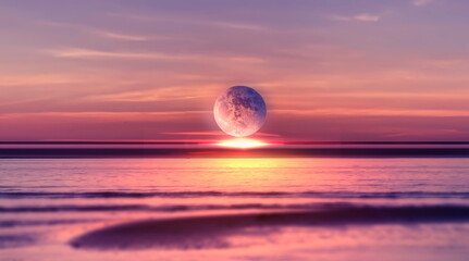 Wall Mural - night sea at sunset cloudy  starry sky sun light and big moon reflection on water waves nature 
