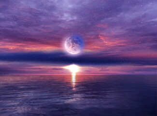 Wall Mural - night sea at sunset cloudy starry sky sun light and big moon reflection on water waves nature