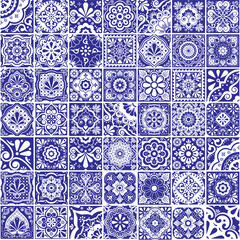 Canvas Print - Mexican talavera tiles vector seamless pattern collection,  different size and style design set in black and white
