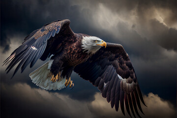 Wall Mural - Proud American Eagle in flight against a stormy sky. AI generated