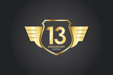 13 Years Anniversary Logotype 3D Golden Stylized Modern Shape Winged Shield On Black Background