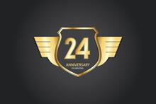 24 Years Anniversary Logotype 3D Golden Stylized Modern Shape Winged Shield On Black Background