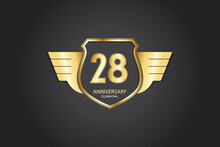 28 Years Anniversary Logotype 3D Golden Stylized Modern Shape Winged Shield On Black Background