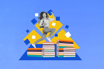 Poster - Exclusive magazine picture sketch collage image of happy smiling small kid jumping book pile stack isolated painting background
