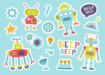 Wall Mural - cute robots stickers set for kids. cartoon robotic collection for baby boys. funny machine sticker p