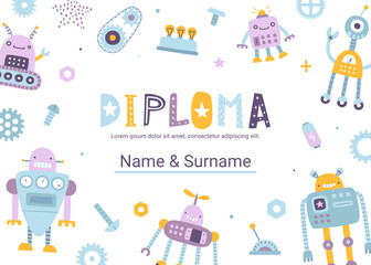 Wall Mural - diploma template with funny robots. cute vector certificate design for children competition.