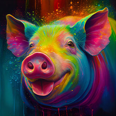 Close-up cute smiling pig portrait. Generative AI.