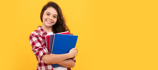 teen girl ready to study. happy childhood. cheerful kid going to do homework with books. banner of s