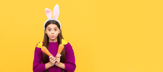 Wall Mural - what a surprise. just having fun. ready for party. happy childhood. amazed bunny kid. Easter child horizontal poster. Web banner header of bunny kid, copy space.