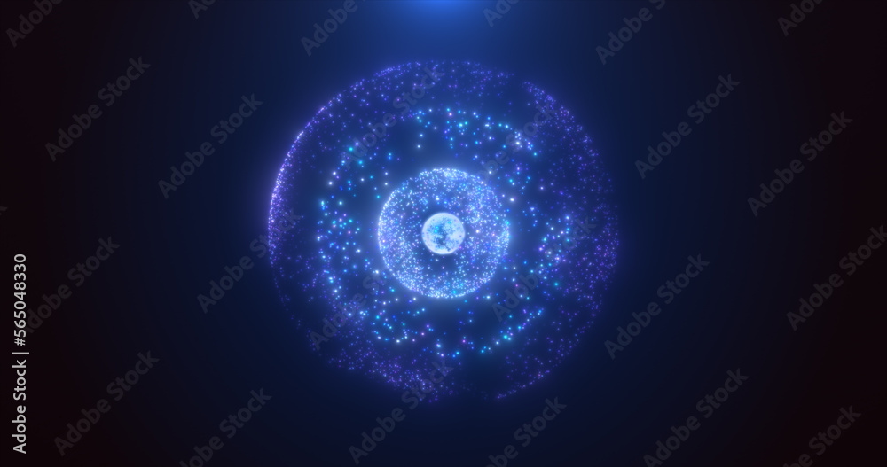 Abstract round blue sphere glowing energy magic molecule with atoms ...