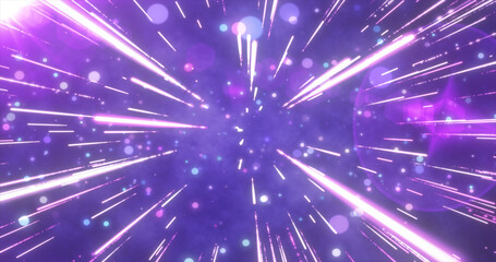 Wall Mural - Abstract purple flying stars bright glowing in space with particles and magical energy lines in a tunnel in open space with sun rays. Abstract background