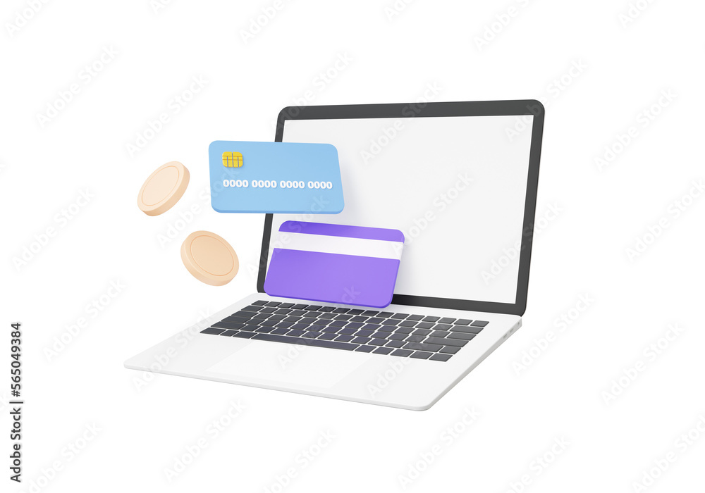Online payments credit or debit card concept coins floating isolated ...