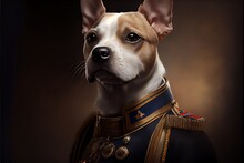 A Portrait Of A Dog Wearing Historic Military Uniform. Pet Portrait In Clothing. Generative AI