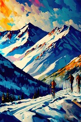 Wall Mural - Beautiful winter mountain Landscape in Alps in oil painting style. Generative AI