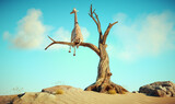 Fototapeta  - Giraffe stands on thin branch of withered tree in surreal landscape