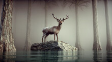 Deer In The Nature Habitat During Misty Morning.