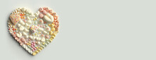 Love Heart Made From A Collection Of Candy On A Light Background. Romantic Food Themed Banner With Copy-space. Generative AI.
