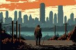 Pixel art landscape of post-apocalyptic world, city in zombie apocalypse, landscape background in retro style for 8 bit game, Generative AI
