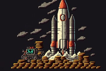 Wall Mural - Pixel art rocket and stack of coins, startup concept, background in retro style for 8 bit game, Generative AI