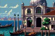Pixel art city of Venice, grand canal of venice, cityscape background in retro style for 8 bit game, Generative AI
