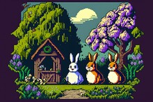 Pixel Art Easter Scene With Rabbits And Eggs In Garden, Landscape Background In Retro Style For 8 Bit Game, Generative AI