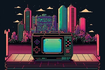 Wall Mural - Pixel art old video game console in cityscape, background in retro style for 8 bit game, Generative AI