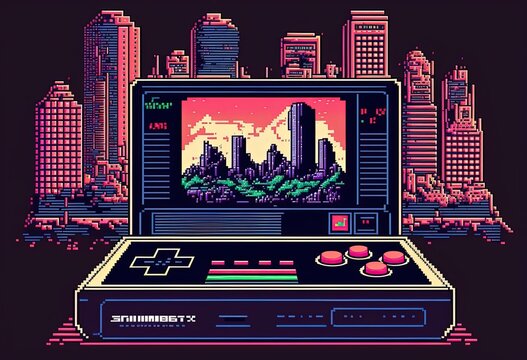 Pixel art old video game console in cityscape, background in retro style for 8 bit game, Generative AI