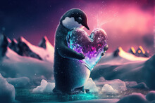 Single Penguin Holding A Bouquet Of Crystal Hearts, Standing On A Frozen Lake Surrounded By Hearts And Ice Sculptures, Celebrating Valentine's Day. Generative Ai
