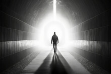 Silhouette Of A Person Walking In A Tunnel, Walking Towards The Light 