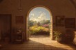 Luxurious beautiful Spanish style interior leading to exterior with large arched windows doorways at golden hour with minimal staged furniture home decor with garden views  Made with Generative Ai