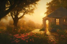 Cozy Beautiful Vintage Antique Oil Painting Cottage With Plants And Flowers At Golden Hour Made With Generative Ai