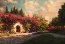 Beautiful Vintage Oil Painting Of Spanish Style Cottage Exterior With Arched Doorways Plants And Flowers Made With Generative Ai