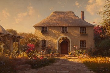 Cozy beautiful vintage antique oil painting cottage with plants and flowers at golden hour Made with Generative Ai