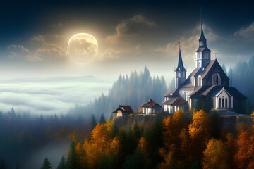 Mountains in fog with beautiful house and church at night in autumn. Landscape with high rocks, blue sky with moon. Rocky mountain peaks in clouds - generative ai