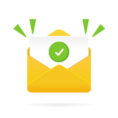 Aufkleber - Confirmation email message. Verified mailer email send icon. Check mark document in mail envelope. Approved tick marker or confirm accepted or checked on acceptance letter verify sending.