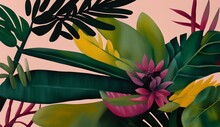 Floral Wallpaper. Tropical Plants, Bright Green Flowers, Grass, Leaves Pattern