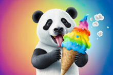Panda Eats Ice Cream In Rainbow Colors. Illustration In Soft Pop Style. Generative AI