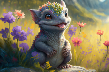 a cute baby dragon, smiling, fantasy landscape, meadow, art illustration