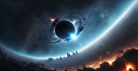 Wall Mural - Black Hole in Space destroying a planet system, panorama fantasy galaxy background, Illustration generative ai 