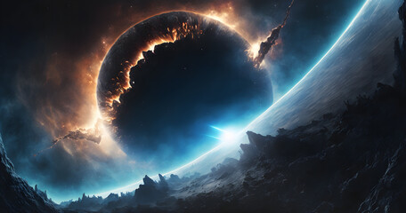 Wall Mural - Black Hole in Space destroying a planet system, panorama fantasy galaxy background, Illustration generative ai 