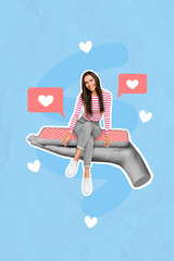 Sticker - Creative trend collage of attractive young woman sitting device gadget screen arm hold social media heart love like icon influencer