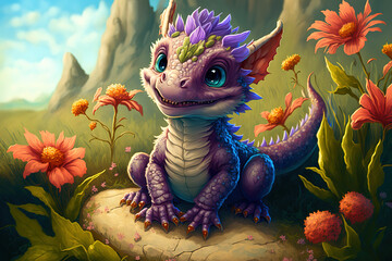 a cute baby dragon, smiling, fantasy landscape, meadow, art illustration