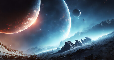 Wall Mural - Distant Planet System in Space, panorama of a Galaxy, Universe Fantasy Background, Illustration generative AI