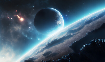 Wall Mural - Distant Planet System in Space, panorama of a Galaxy, Universe Fantasy Background, Illustration generative AI