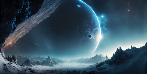 Wall Mural - Distant Planet System in Space, panorama of a Galaxy, Universe Fantasy Background, Illustration generative AI