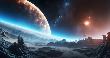 Wall Mural - Distant Planet System in Space, panorama of a Galaxy, Universe Fantasy Background, Illustration generative AI
